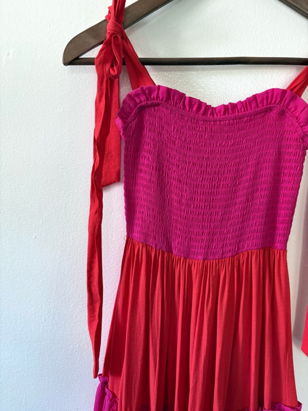 Smocked Tie-Shoulder Maxi Dress in Fuchsia and Coral - Picture 2 of 7